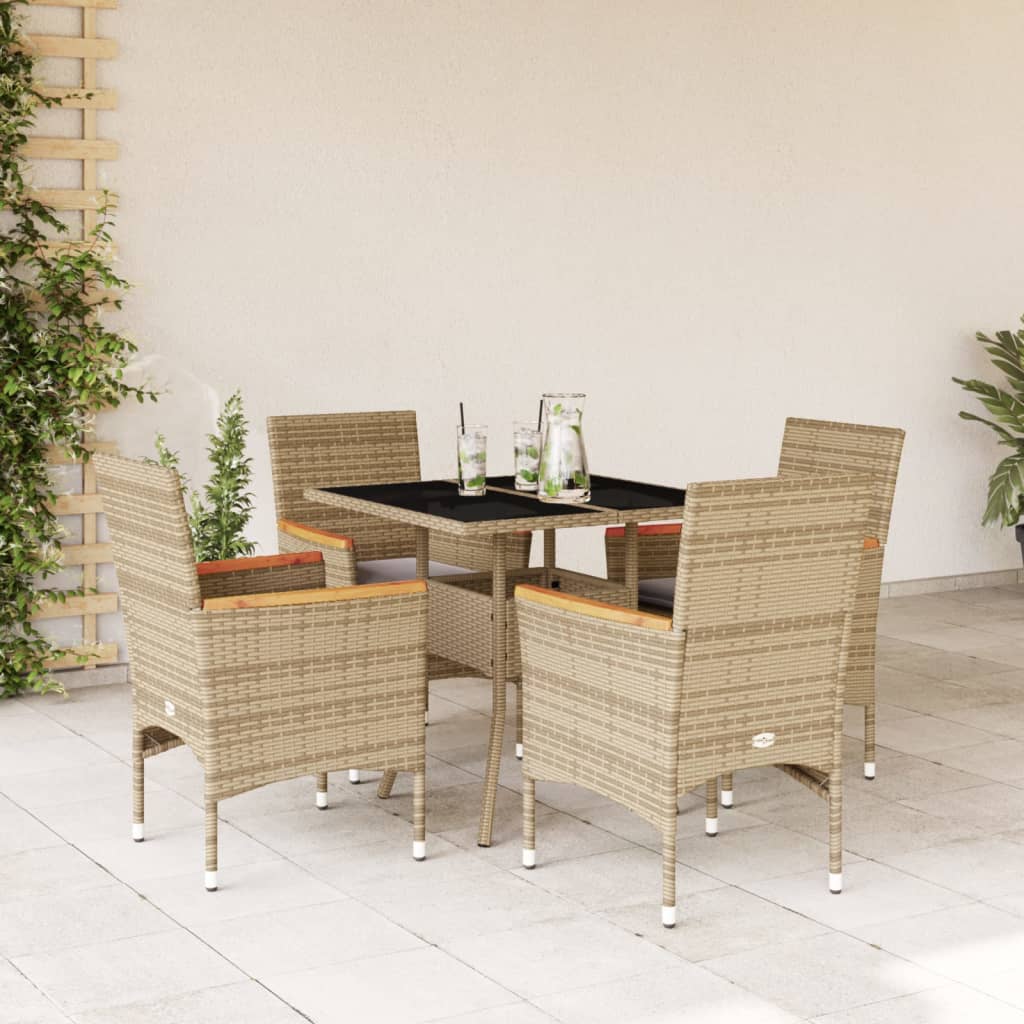 5-tlg. Garten-Essgruppe mit Kissen Beige Poly Rattan und Glas