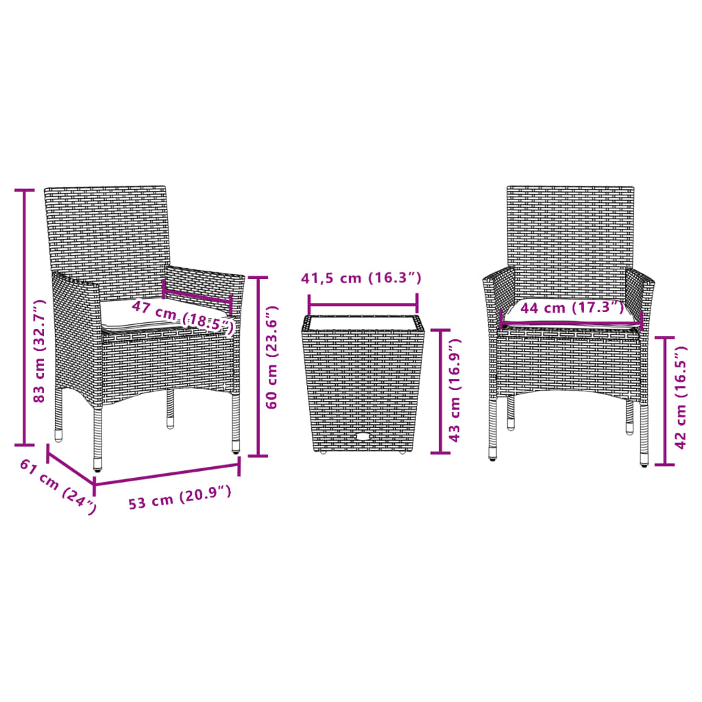 3-tlg. Bistro-Set mit Kissen Grau Poly Rattan und Glas