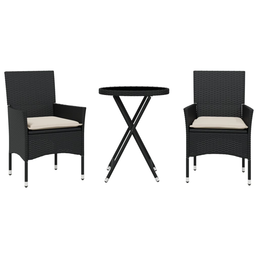 3-tlg. Bistro-Set mit Kissen Schwarz Poly Rattan und Glas