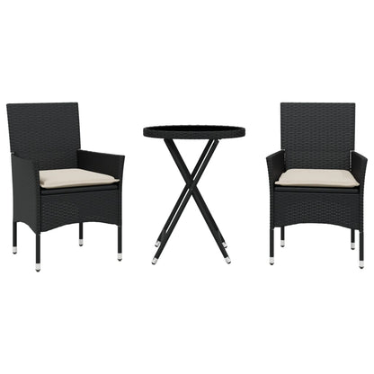 3-tlg. Bistro-Set mit Kissen Schwarz Poly Rattan und Glas