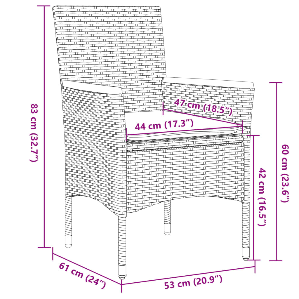 3-tlg. Bistro-Set mit Kissen Schwarz Poly Rattan und Glas