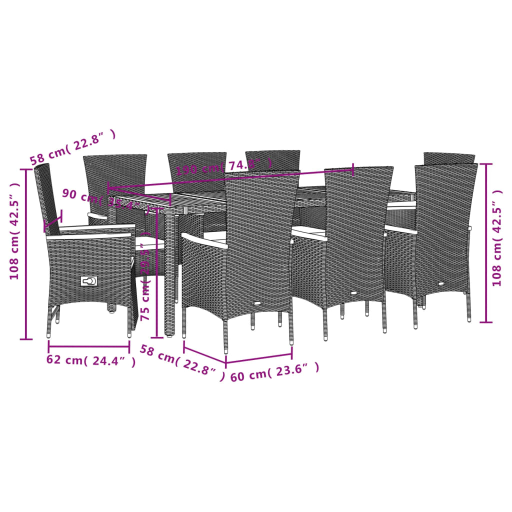 7-tlg. Garten-Essgruppe mit Kissen Schwarz Poly Rattan