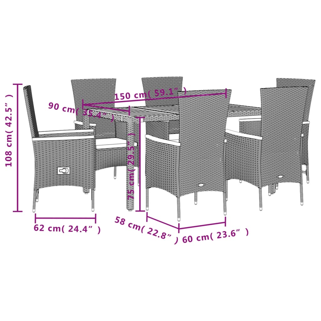 7-tlg. Garten-Essgruppe mit Kissen Schwarz Poly Rattan