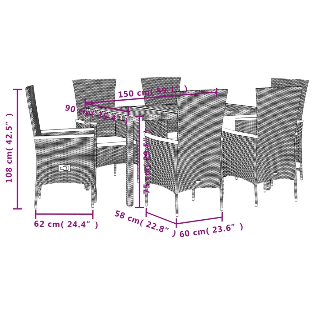 7-tlg. Garten-Essgruppe mit Kissen Schwarz Poly Rattan