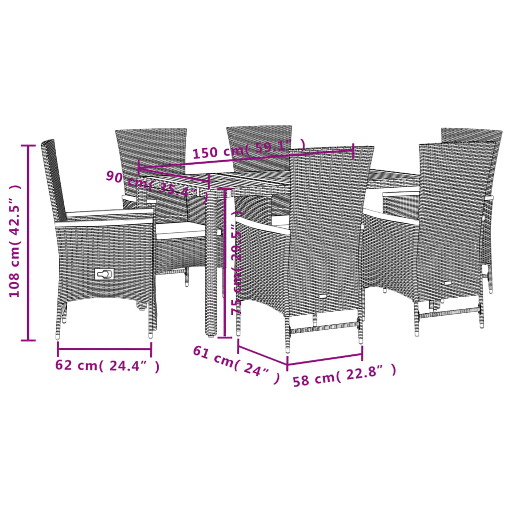 7-tlg. Garten-Essgruppe mit Kissen Schwarz Poly Rattan
