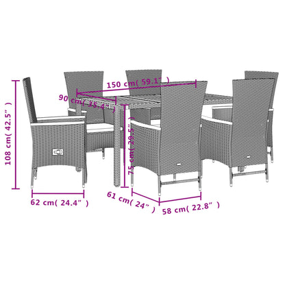 7-tlg. Garten-Essgruppe mit Kissen Schwarz Poly Rattan
