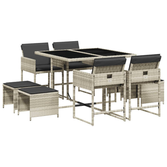 9-tlg. Garten-Essgruppe mit Kissen Hellgrau Poly Rattan