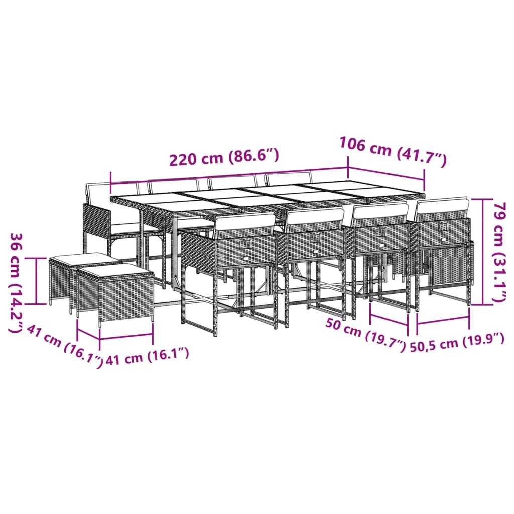13-tlg. Garten-Essgruppe mit Kissen Hellgrau Poly Rattan