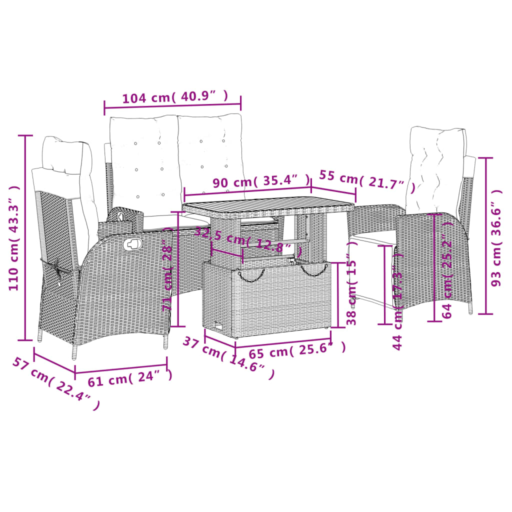 4-tlg. Garten-Essgruppe mit Kissen Schwarz Poly Rattan