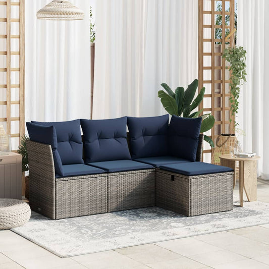 4-tlg. Garten-Sofagarnitur mit Kissen Grau Poly Rattan