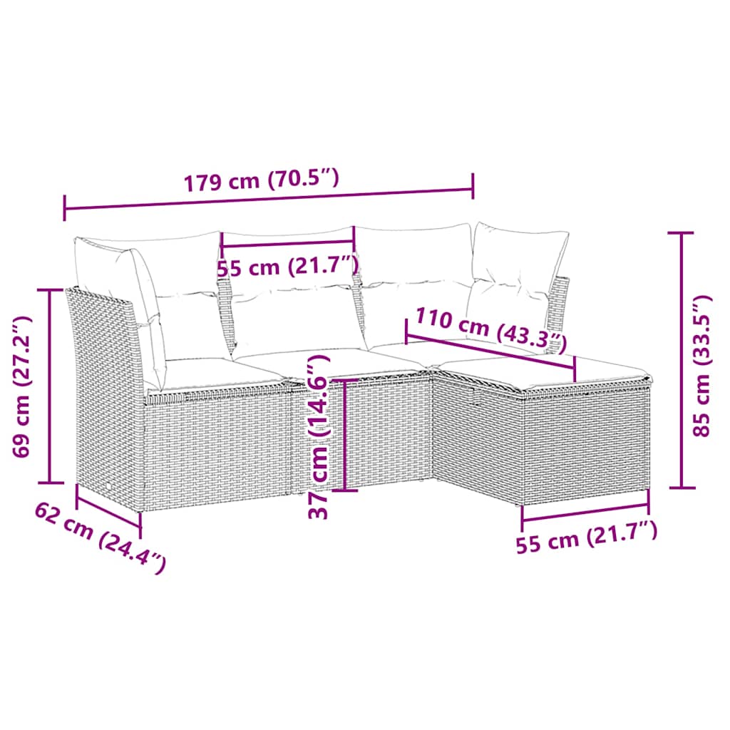 4-tlg. Garten-Sofagarnitur mit Kissen Hellgrau Poly Rattan
