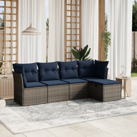 5-tlg. Garten-Sofagarnitur mit Kissen Grau Poly Rattan