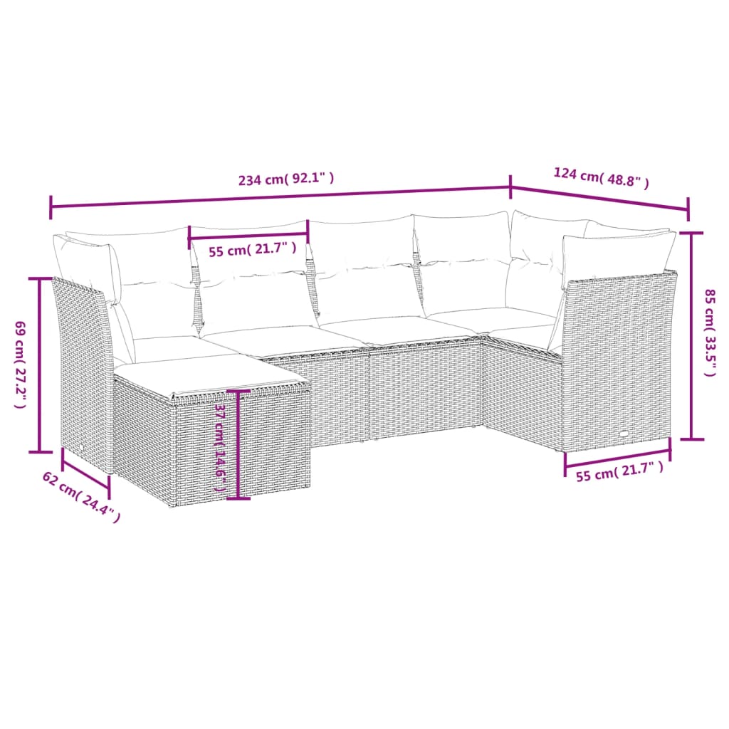 6-tlg. Garten-Sofagarnitur mit Kissen Braun Poly Rattan