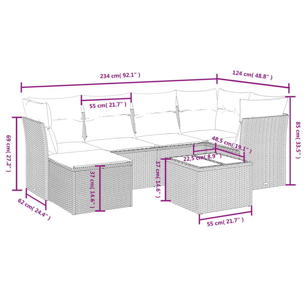 7-tlg. Garten-Sofagarnitur mit Kissen Braun Poly Rattan