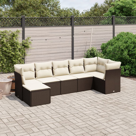 7-tlg. Garten-Sofagarnitur mit Kissen Braun Poly Rattan