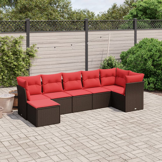 7-tlg. Garten-Sofagarnitur mit Kissen Braun Poly Rattan