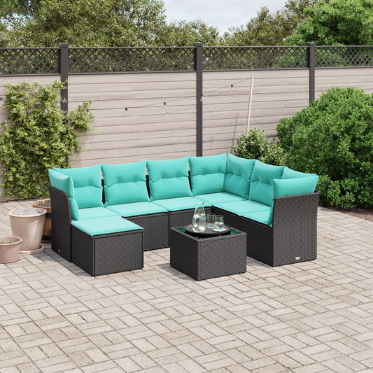 8-tlg. Garten-Sofagarnitur mit Kissen Schwarz Poly Rattan