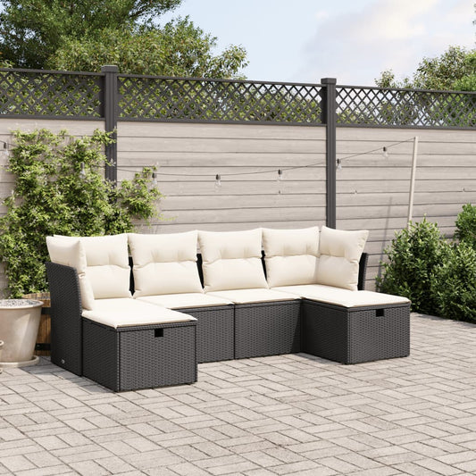 6-tlg. Garten-Sofagarnitur mit Kissen Schwarz Poly Rattan