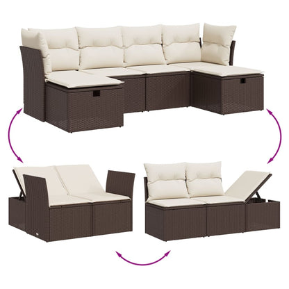 6-tlg. Garten-Sofagarnitur mit Kissen Braun Poly Rattan