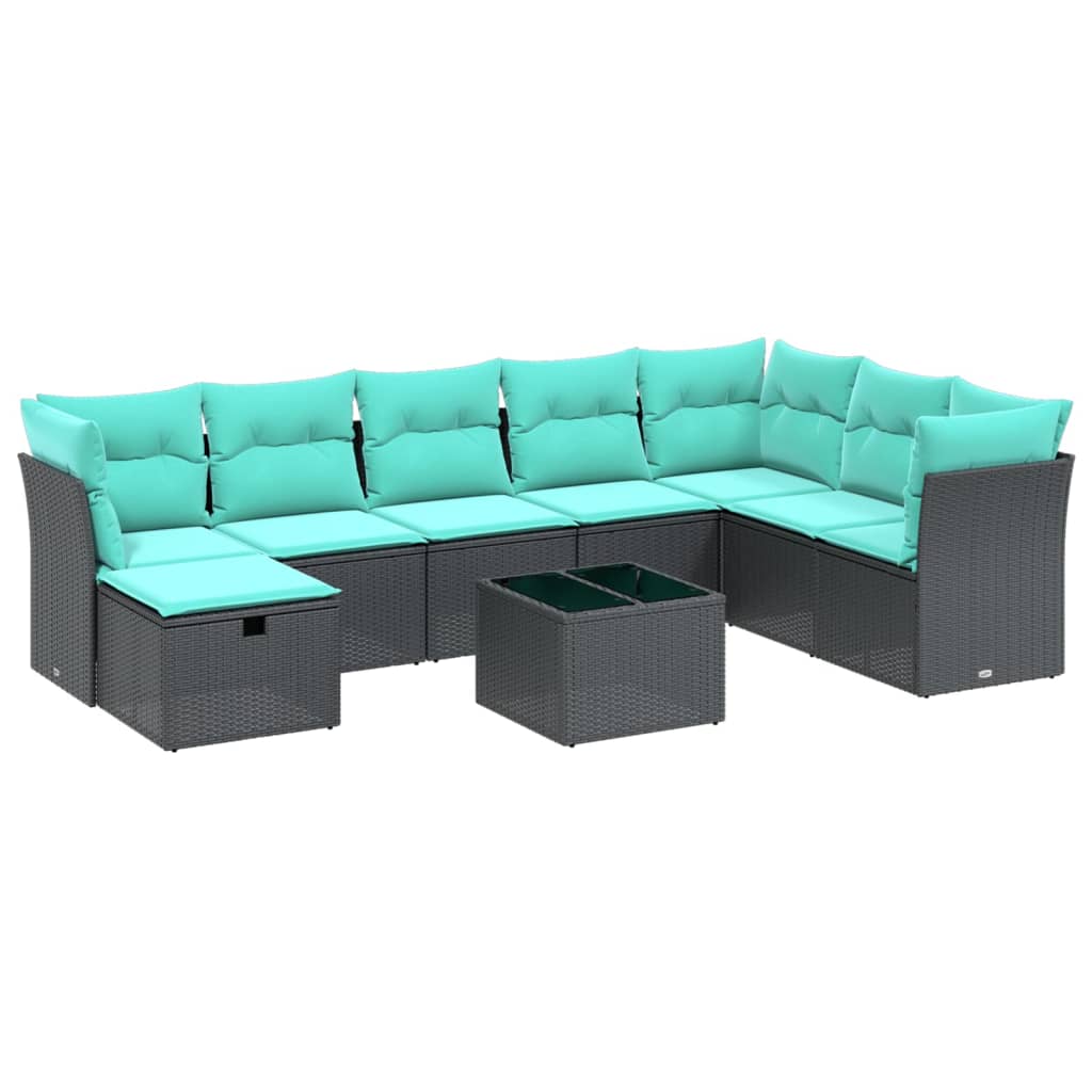 9-tlg. Garten-Sofagarnitur mit Kissen Schwarz Poly Rattan