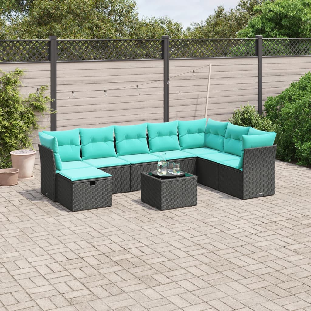 9-tlg. Garten-Sofagarnitur mit Kissen Schwarz Poly Rattan
