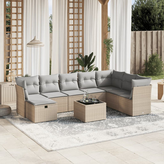 9-tlg. Garten-Sofagarnitur mit Kissen Beige Poly Rattan