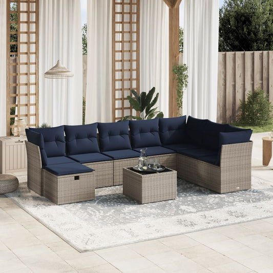 9-tlg. Garten-Sofagarnitur mit Kissen Grau Poly Rattan