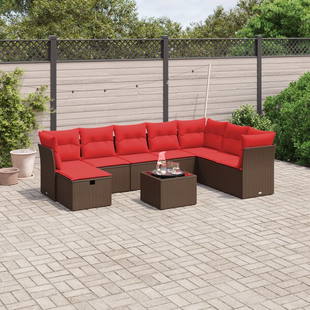 9-tlg. Garten-Sofagarnitur mit Kissen Braun Poly Rattan