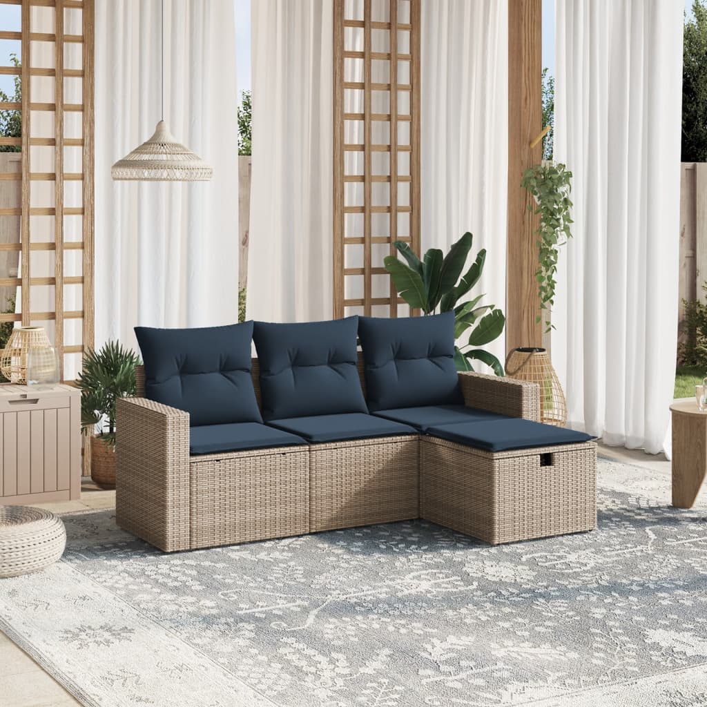 4-tlg. Garten-Sofagarnitur mit Kissen Grau Poly Rattan