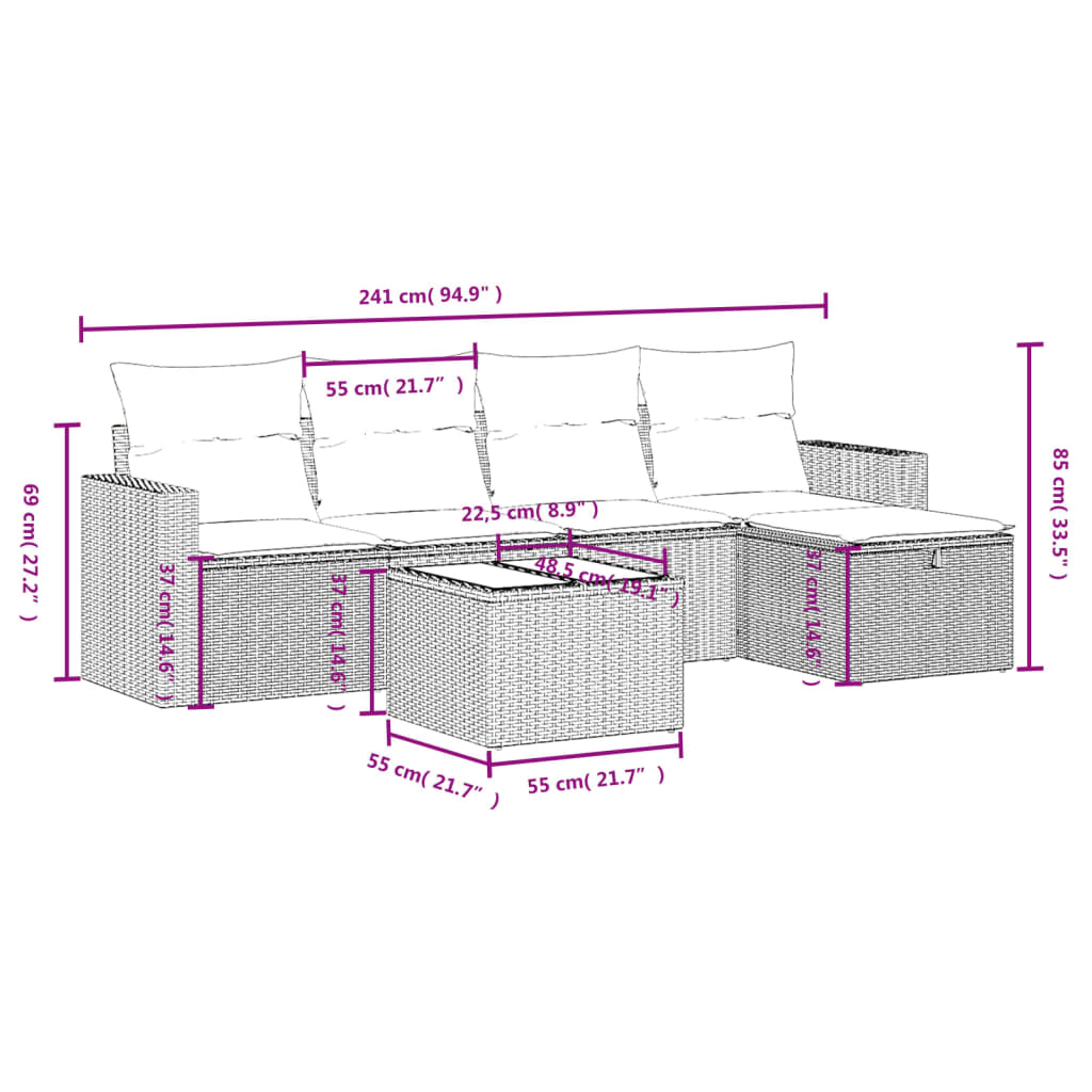 6-tlg. Garten-Sofagarnitur mit Kissen Braun Poly Rattan