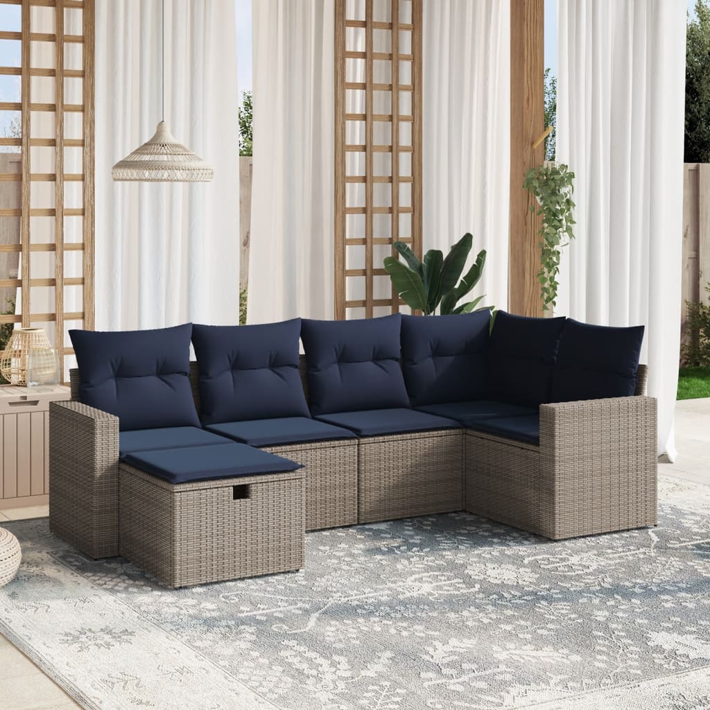 6-tlg. Garten-Sofagarnitur mit Kissen Grau Poly Rattan