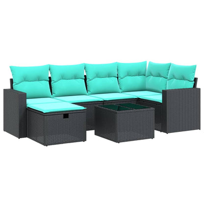 7-tlg. Garten-Sofagarnitur mit Kissen Schwarz Poly Rattan