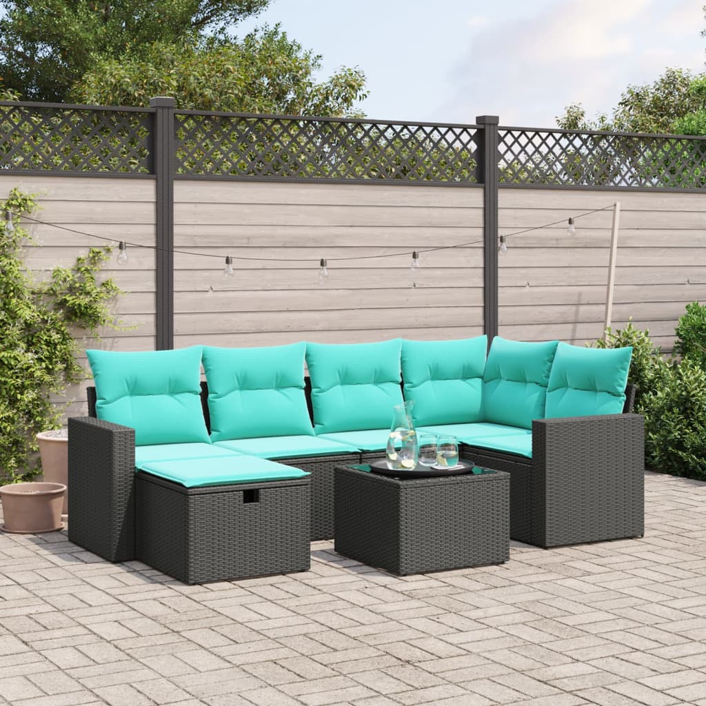 7-tlg. Garten-Sofagarnitur mit Kissen Schwarz Poly Rattan