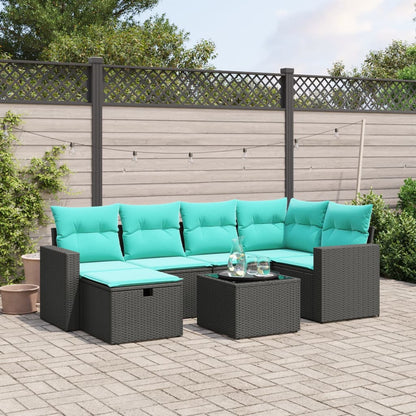 7-tlg. Garten-Sofagarnitur mit Kissen Schwarz Poly Rattan