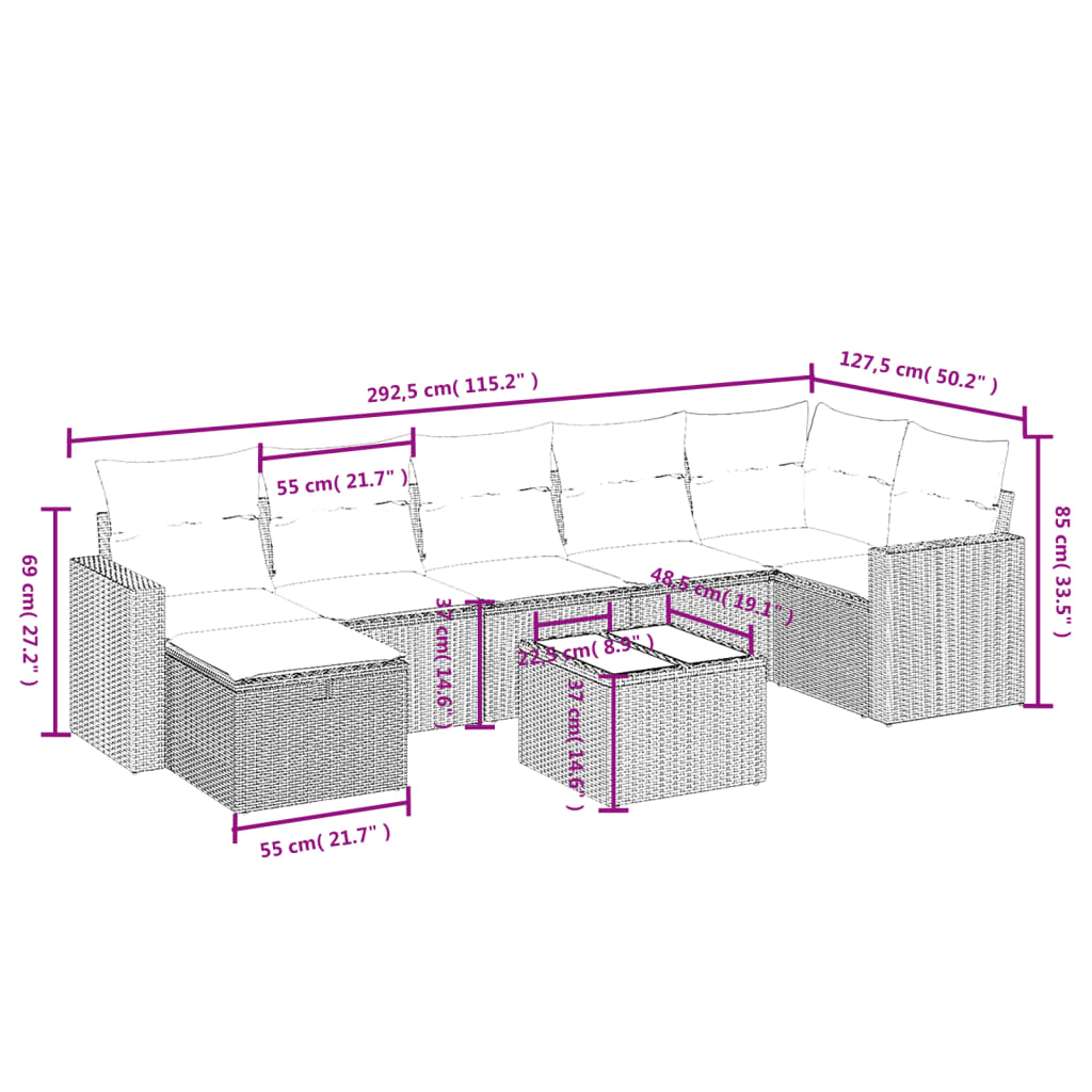 8-tlg. Garten-Sofagarnitur mit Kissen Braun Poly Rattan