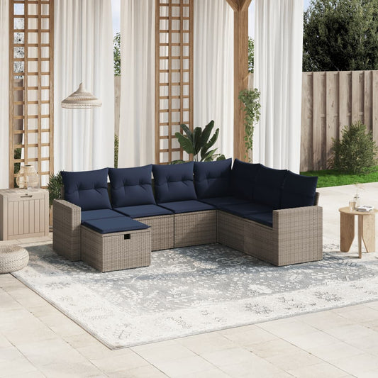 7-tlg. Garten-Sofagarnitur mit Kissen Grau Poly Rattan