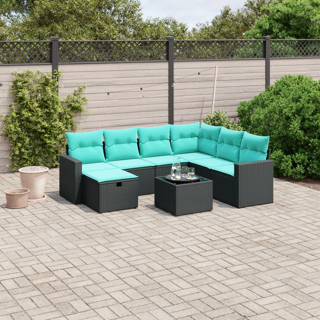 8-tlg. Garten-Sofagarnitur mit Kissen Schwarz Poly Rattan