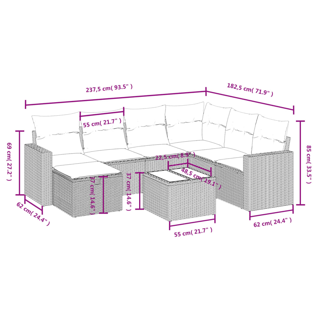 8-tlg. Garten-Sofagarnitur mit Kissen Grau Poly Rattan