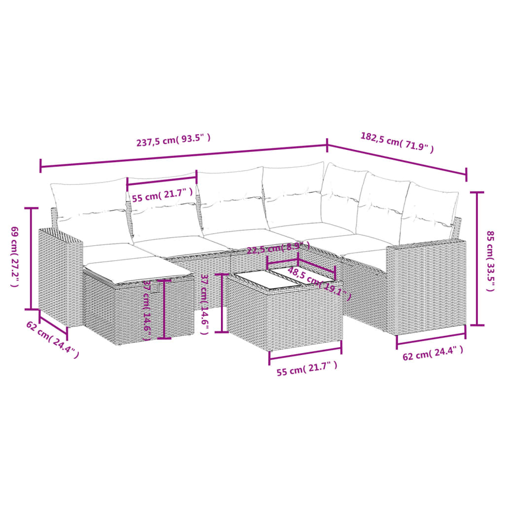 8-tlg. Garten-Sofagarnitur mit Kissen Grau Poly Rattan