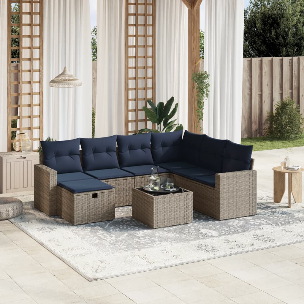 8-tlg. Garten-Sofagarnitur mit Kissen Grau Poly Rattan