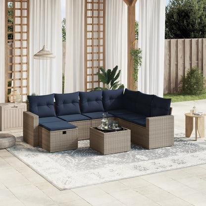 8-tlg. Garten-Sofagarnitur mit Kissen Grau Poly Rattan