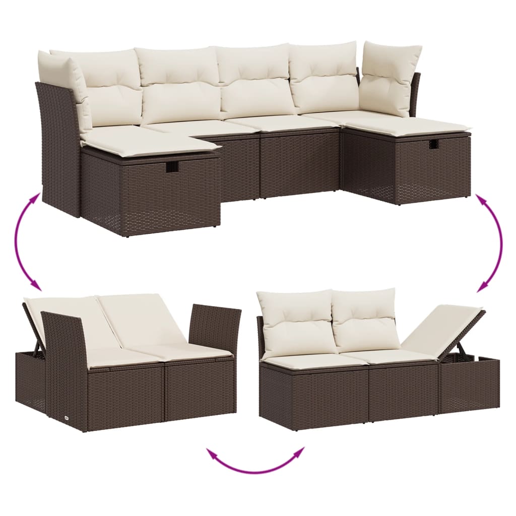 6-tlg. Garten-Sofagarnitur mit Kissen Braun Poly Rattan