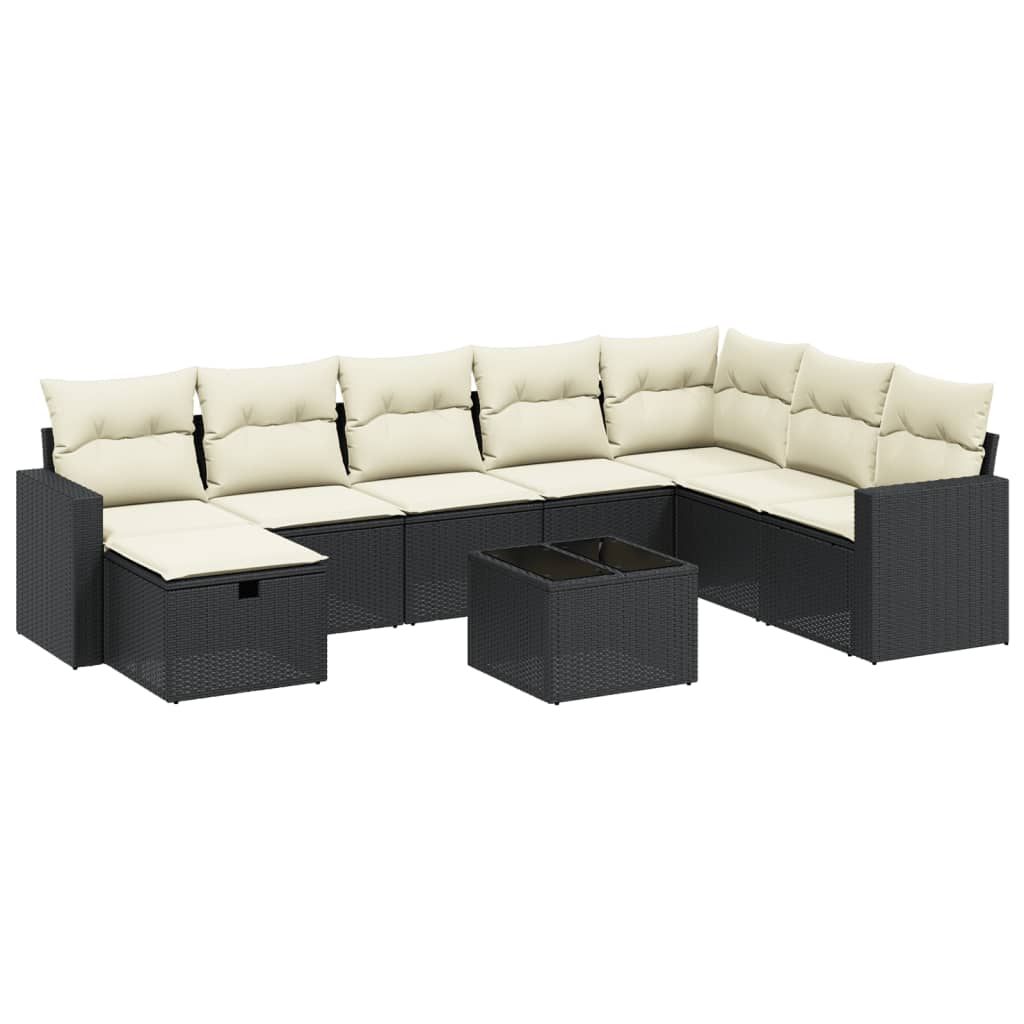 9-tlg. Garten-Sofagarnitur mit Kissen Schwarz Poly Rattan
