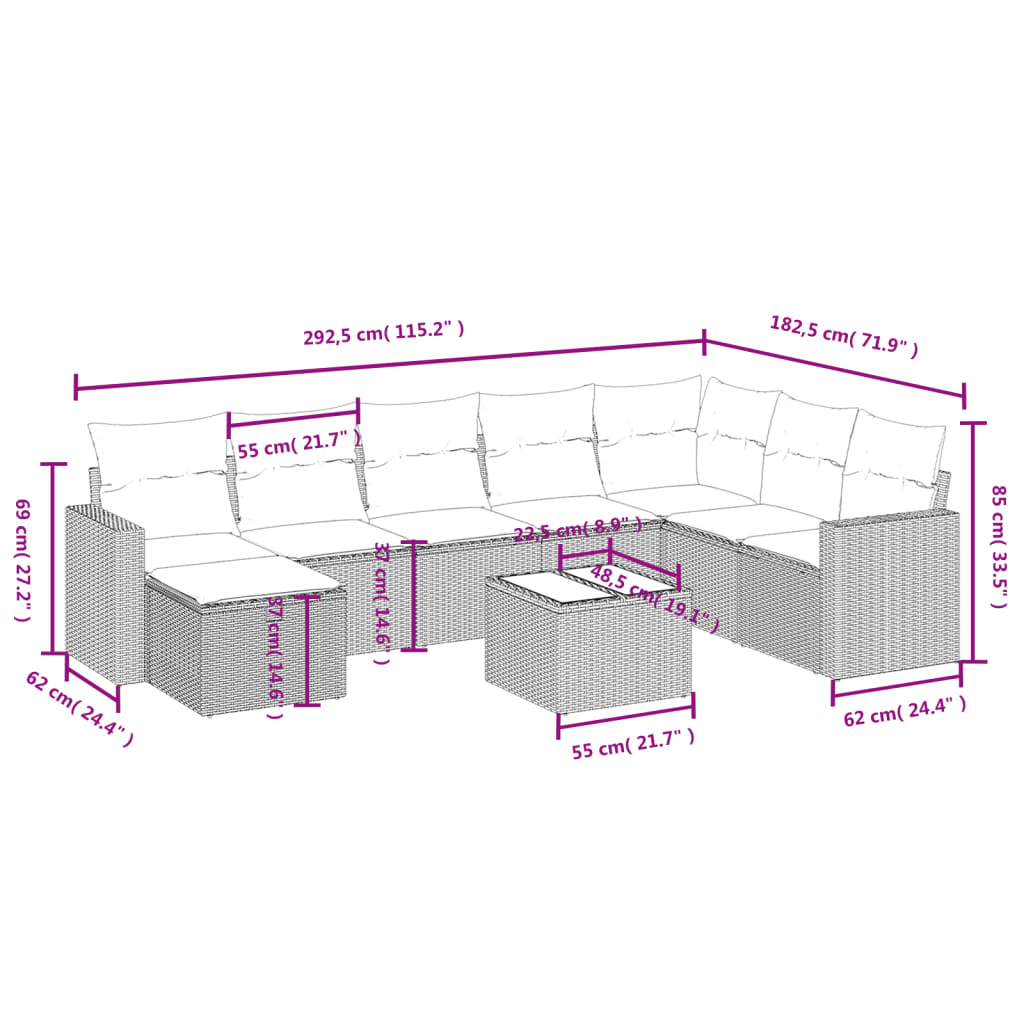 9-tlg. Garten-Sofagarnitur mit Kissen Schwarz Poly Rattan