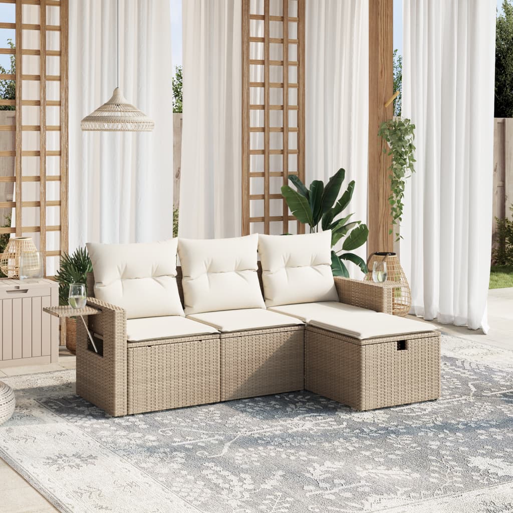 4-tlg. Garten-Sofagarnitur mit Kissen Beige Poly Rattan