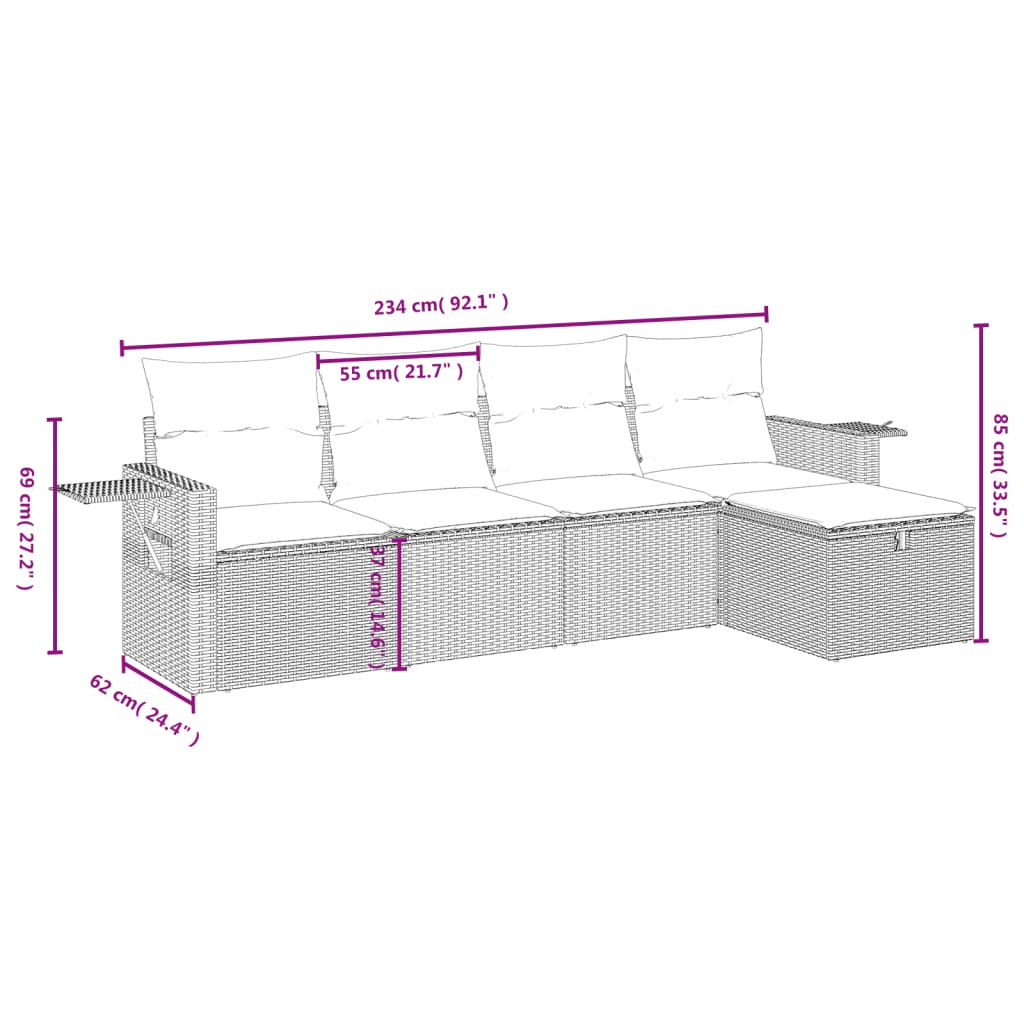 5-tlg. Garten-Sofagarnitur mit Kissen Braun Poly Rattan