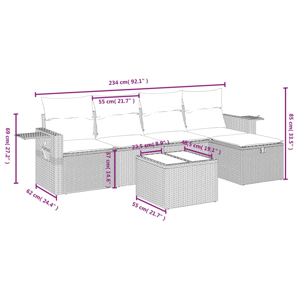 6-tlg. Garten-Sofagarnitur mit Kissen Braun Poly Rattan