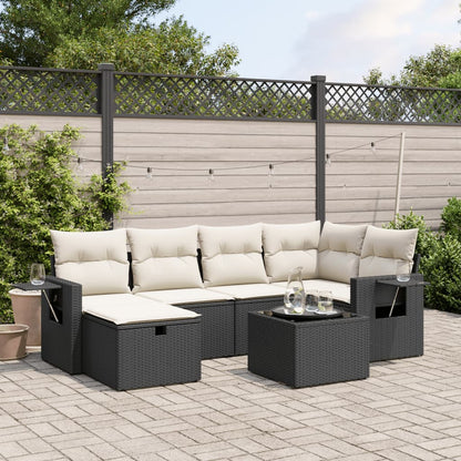 7-tlg. Garten-Sofagarnitur mit Kissen Schwarz Poly Rattan