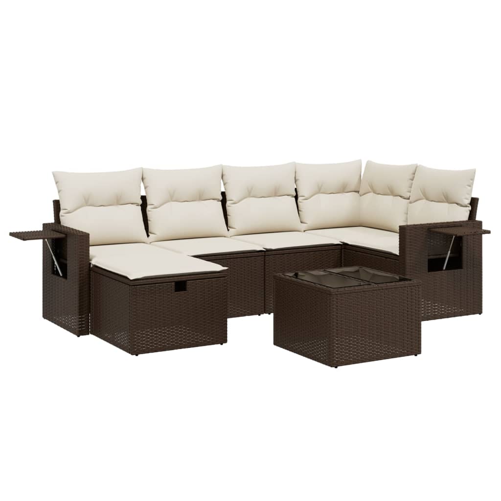 7-tlg. Garten-Sofagarnitur mit Kissen Braun Poly Rattan