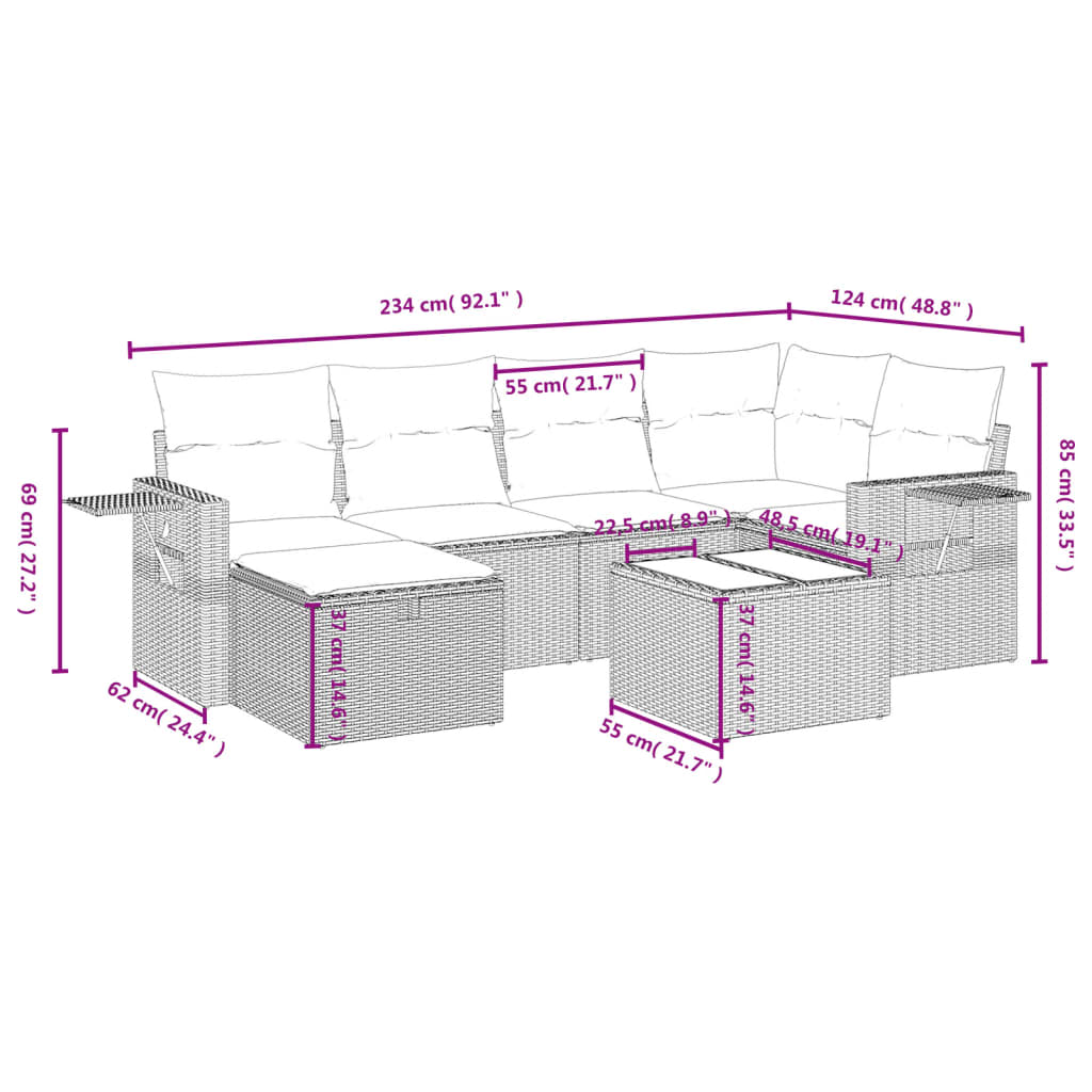 7-teiliges Gartensofa-Set mit Kissen, braun, Polyrattan